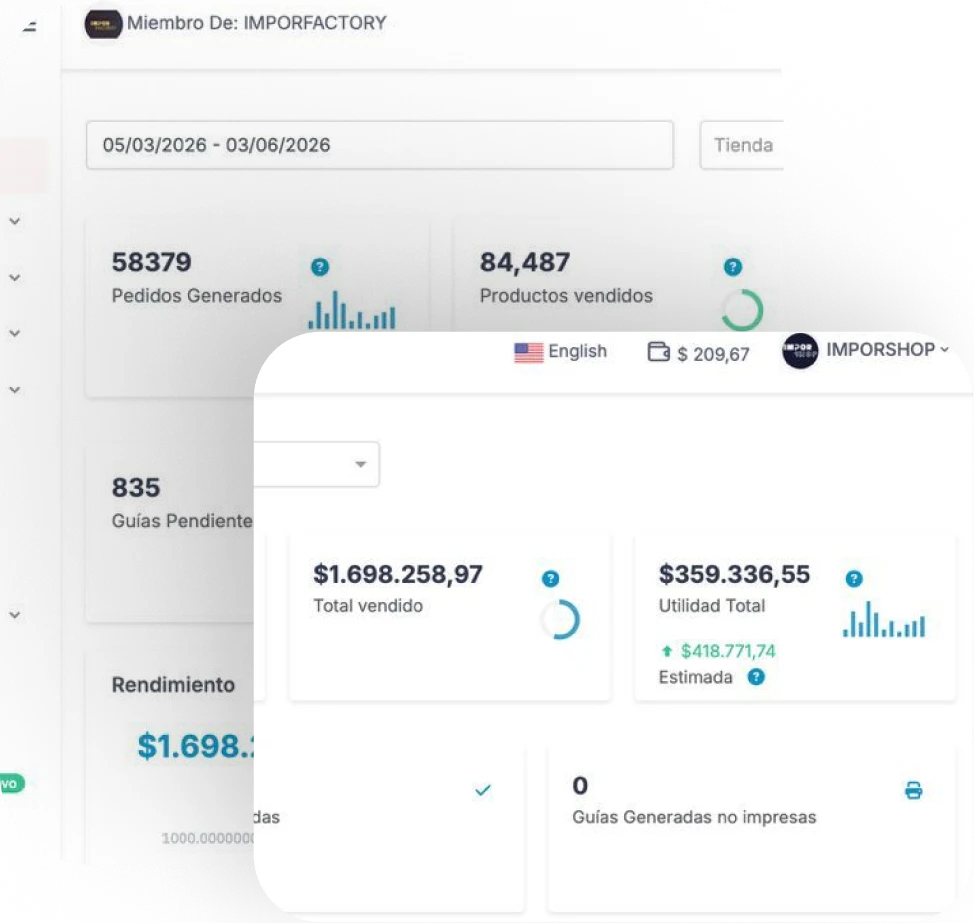 Panel de ventas en Dropi — $1.698.258 vendidos en lo que va de 2026